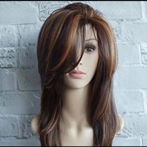 Long dark rooted brown with red highlights wig
